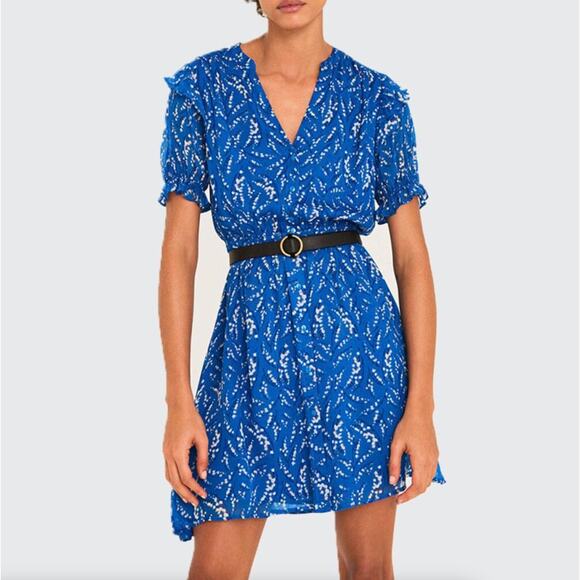 BA&SH Matcha Floral Print Mini Dress Cobalt Blue {G44}